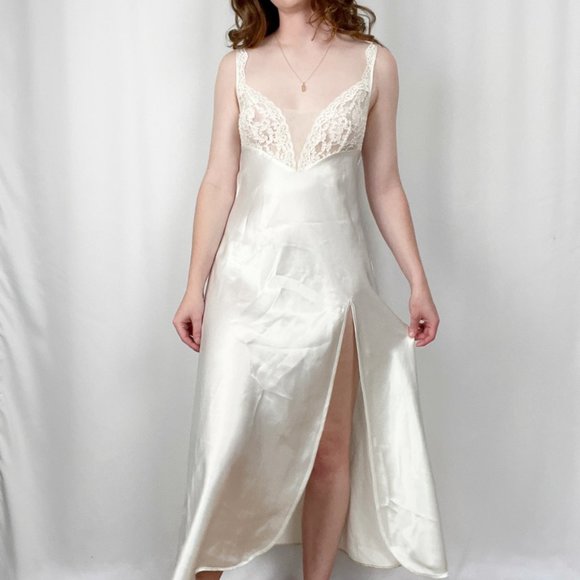 Vintage VS Gold Label Silky Lace Slip Dress Slit Sheer Bridal Wedding Midi Maxi - Picture 9 of 9